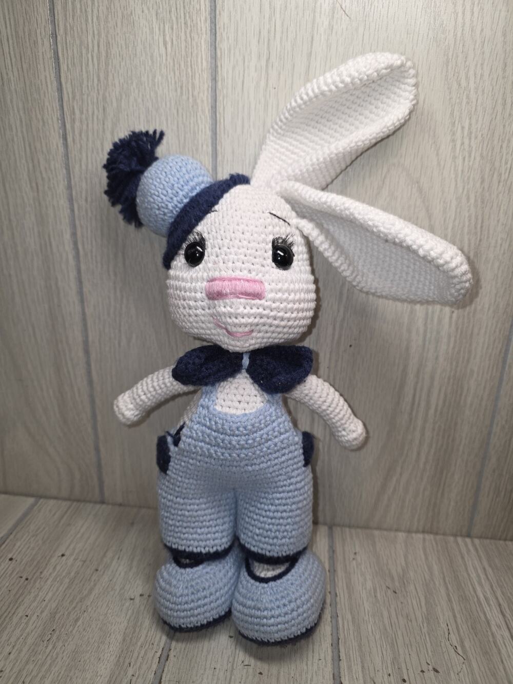 Crocheted Rabbit In Overalls Bow Tie Hat Easter Bunny Spring Kitsch Handcrafted